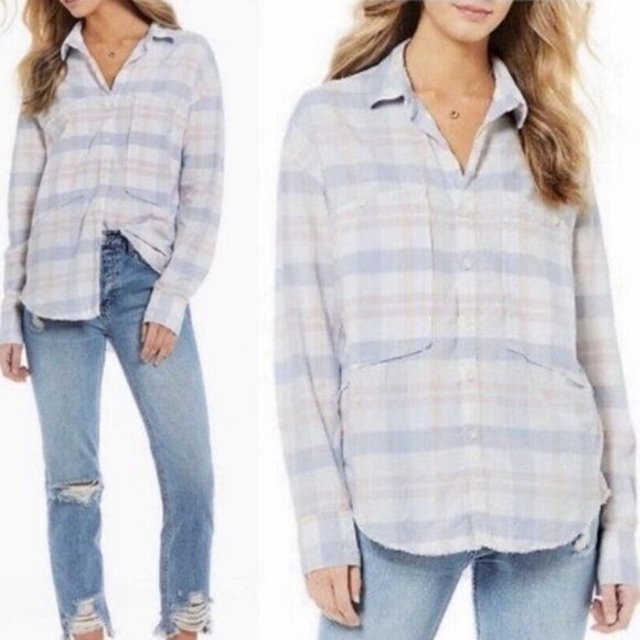 Free People Loveland Plaid Pastel Combo Long Sleeve Button Down Shirt Womens S - Picture 16 of 16